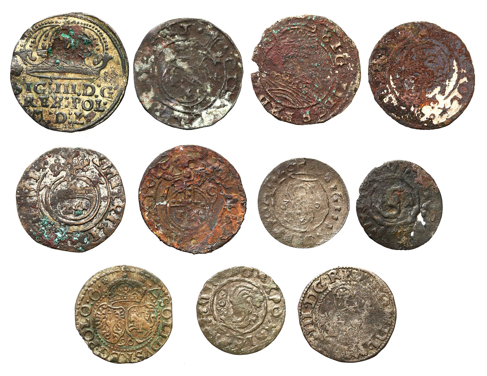 Polska XVI-XVII wiek. Grosz, szeląg, fałszerstwa z epoki, zestaw 11 monet